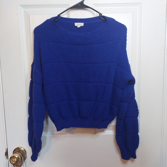 Debut Cobalt Blue Cropped Ribbed Knit Balloon Sleeve Sweater Boxy Fit Size M - Picture 1 of 12